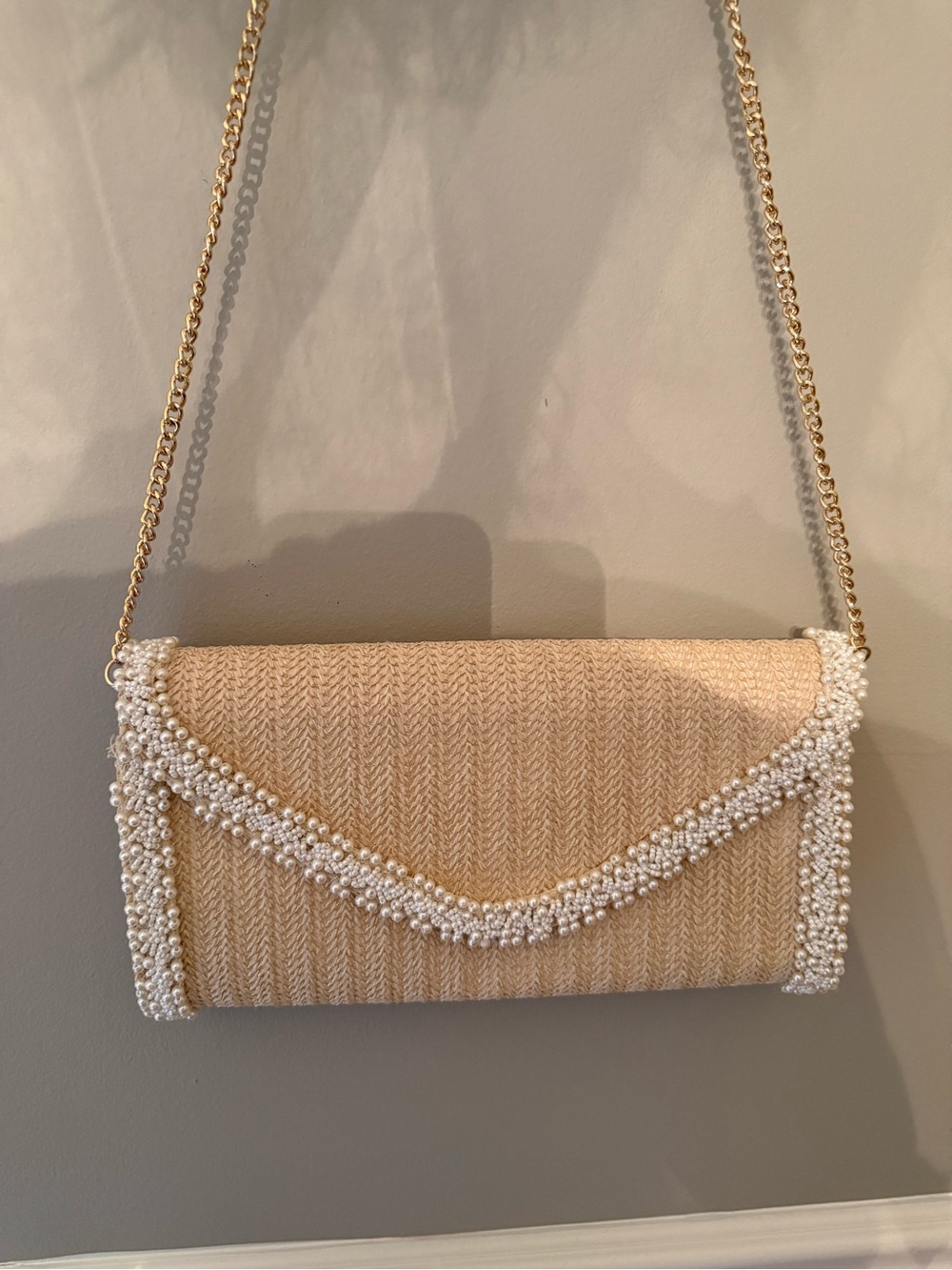 Urban Expressions Cream Beaded Straw Clutch with Gold Chain